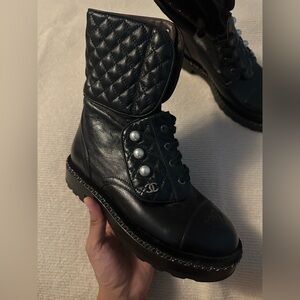 CHANEL Black Quilted Pearl-Button Lace-Up Boots